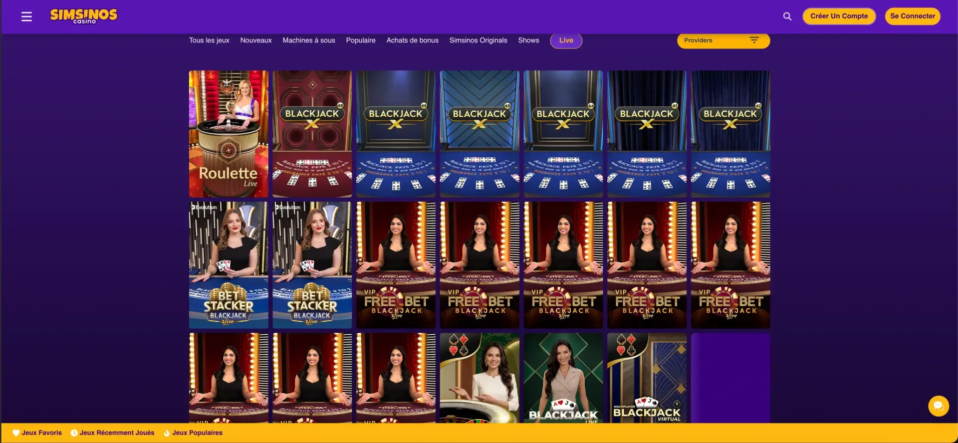 Tables et jeux en direct de Simsinos Casino