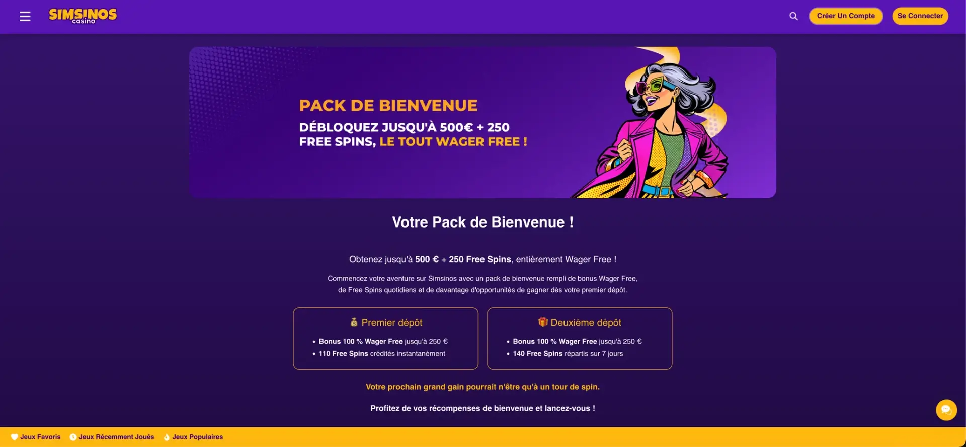 Pack de bienvenue Wager Free de Simsinos Casino